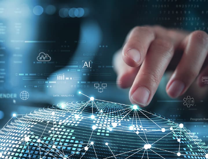Illustration of a hand reaching connected data points in a network