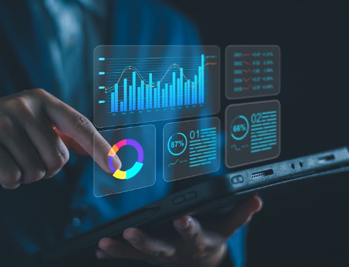 Illustration of a hand reaching for a screen showing financial statistics